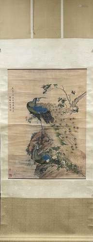 A CHINESE FLOWERS AND BIRDS PAINTING SILK SCROLL, SHEN QUAN ...