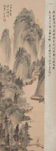 A CHINESE LANDSCAPE PAINTING SCROLL, MOUNTED, PU RU MARK