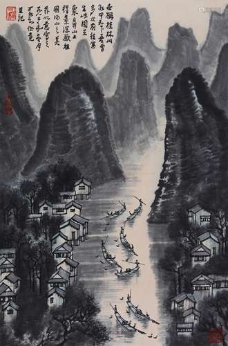 A CHINESE GUILIN LANDSCAPE PAINTING SCROLL, MOUNTED, LI KERA...