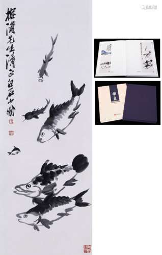 A CHINESE FISHES PAINTING SCROLL, QI BAISHI MARK