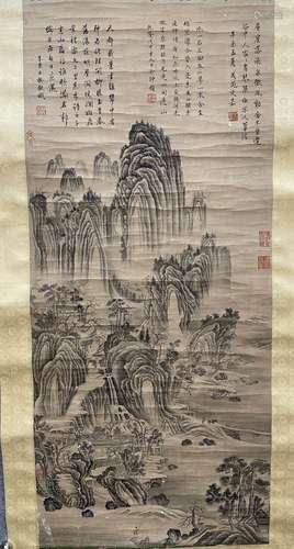 A CHINESE LANDSCAPE PAINTING SCROLL, WEN JIA MARK