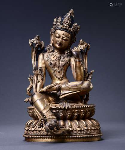 A Gilt Bronze Statue Of Thinking Guanyin