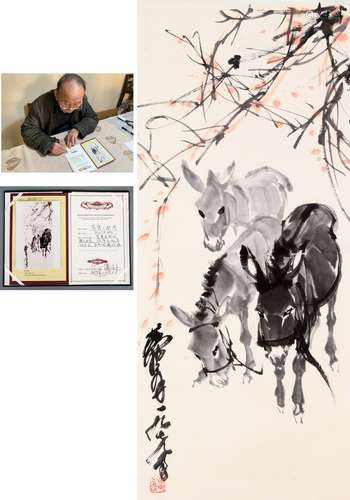 A CHINESE DONKEY PAINTING SCROLL, MOUNTED, HUANG ZHOU MARK