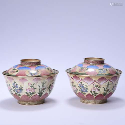 A Pair Of Enamel Bronze Lotus Bowl And Cover