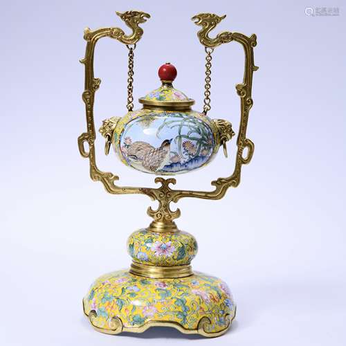 A Gilt Enamel Bronze Quail Hanging Censer