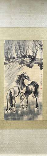 A CHINESE HORSES PAINTING SCROLL, XU BEIHONG MARK