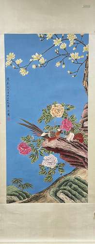 A CHINESE FLOWERS AND BIRDS PAINTING SCROLL, YU FEIAN MARK