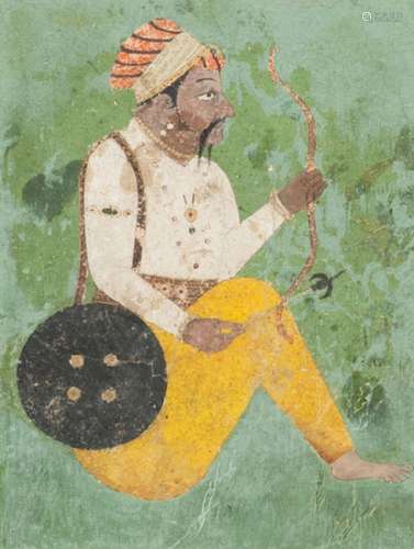 A portrait of a nobleman with bow and arrow, Basohli school,...