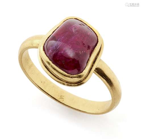 A ruby-set gold ring, South India, in a modern gold setting,...
