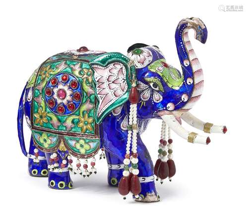 An enamelled silver elephant and peacock, India, 20th centur...