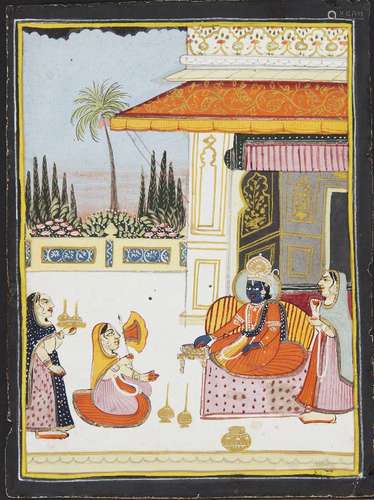 Rama and Sita seated on a terrace in conversation with atten...