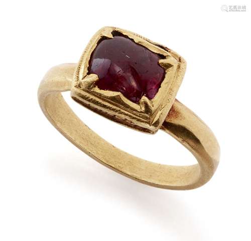 A ruby set square gold ring, South India, 19th century or ea...