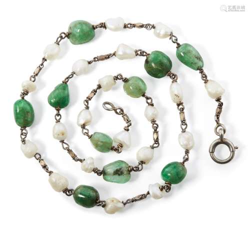 A South Indian emerald and pearl necklace, 19th century, wit...