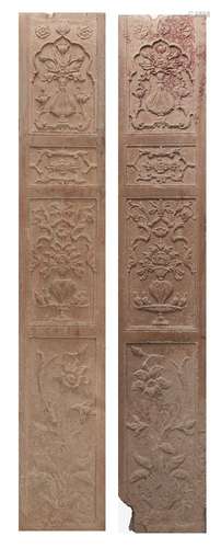 A pair of Mughal carved red sandstone panels, North India, 1...