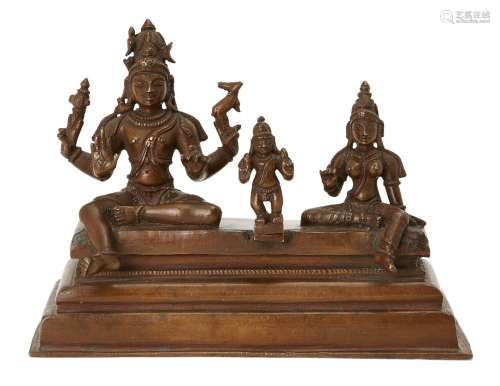 A Tamil Nadu copper figural group of Shiva, Parvati and Skan...