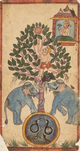 Elephants shaking a man from a tree, India, 19th century, op...