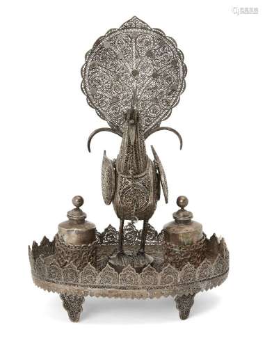 A silver filigree peacock and vessels cosmetics tray, Deccan...
