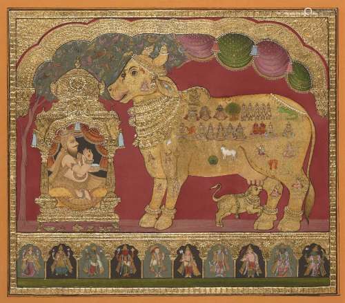 A Tanjore painting of Nandi and a Brahman in a shrine, South...