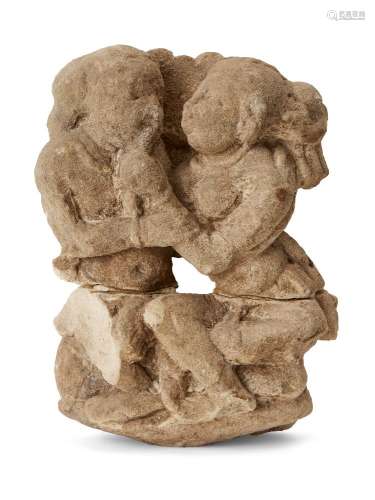 A carved sandstone fragment of a couple, possibly Satavahana...