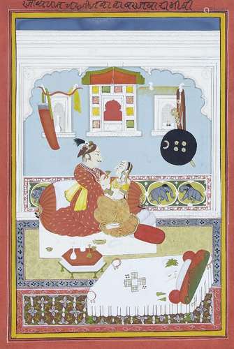 An amorous couple seated in their bedroom, Mewar, Udaipur, I...