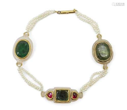 A gem-set jade and seed pearl bracelet, India, late 19th cen...