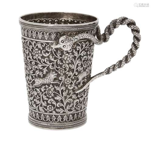 A silver Kutch engraved tankard with snake handle, Kutch, No...
