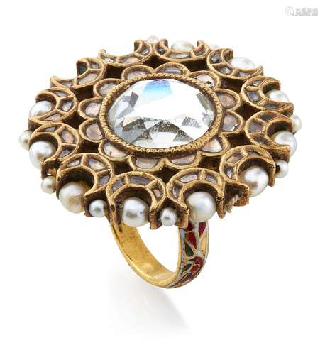 A gold mirror ring, India, 19th century, of floral shape inl...