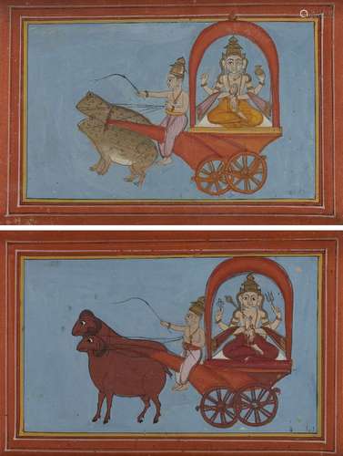 Two small Hindu illustrations of a statue of Shiva being dri...