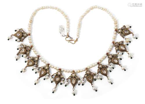 A fine Mughal diamond and natural pearl-set gold necklace, J...