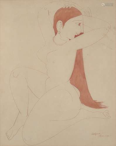 Laxma Goud (Indian b.1940), Untitled, seated female figure, ...