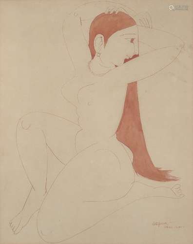 Laxma Goud (Indian b.1940), Untitled, seated female figure, ...