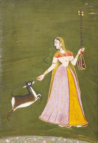 Lady with a stringed instrument and a gazelle, Bikaner, Raja...