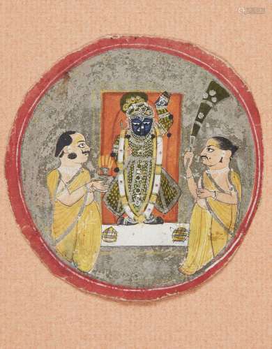 Srinathji with two priests, Nathdwara, circa 1800, opaque pi...