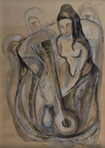 Modern Indian School, Untitled, Lady with sitar, pastel on p...