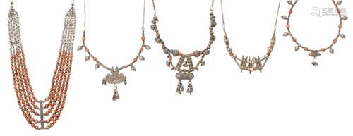 Five coral set silver necklaces, Rajasthan, India, 20th cent...