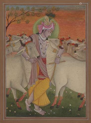 A modern painting of Krishna and the cows, India, 20th centu...