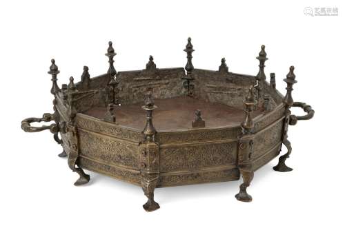 A bronze brazier, India, 18th century, of octagonal form, on...