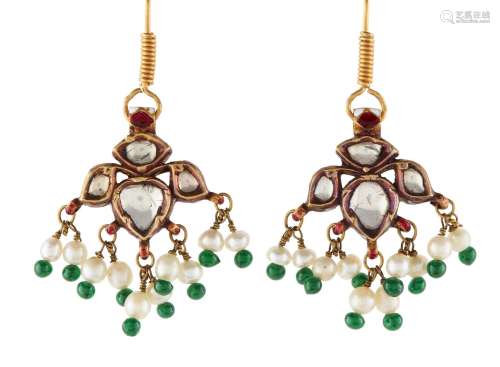 A pair of ruby, emerald and diamond set gold earrings by rep...