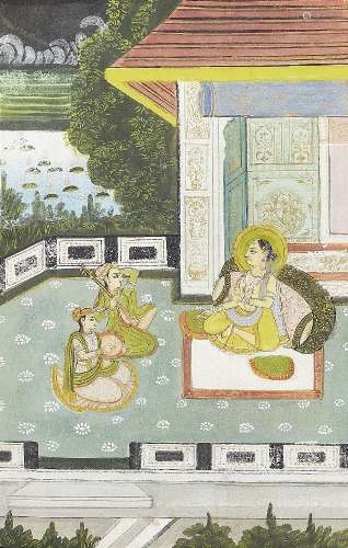 Two scenes of a princess on a terrace, Rajasthan, India, ear...