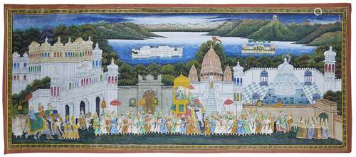 A large painting on cloth of a procession, India, 20th centu...