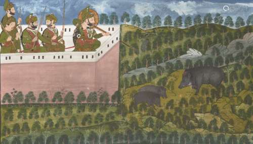 Maharaja Jawan Singh and Sardar Singh hunting wild boar with...