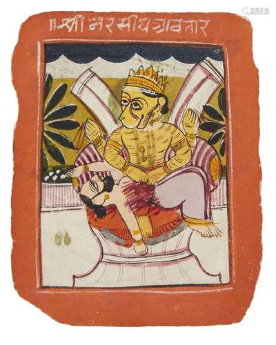 Durga and a demon, Rajasthan, circa 1800, opaque pigments on...