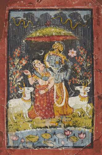 Krishna and Radha dancing in the rain with cows, Rajasthan, ...