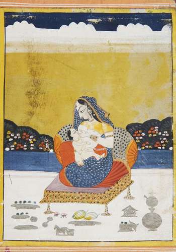 A courtesan breast feeding a child, Kishangarh, India, 19th ...