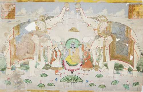 Krishna seated on a lotus flower attended by two priests and...