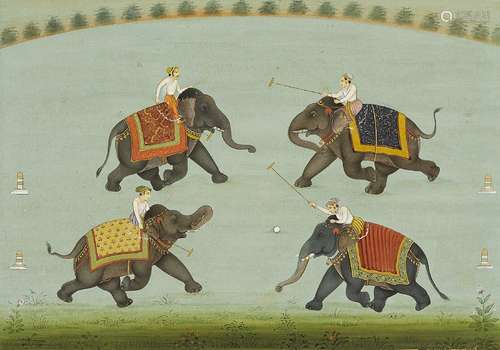 A polo game on elephants, Mughal-style, India, 20th century,...