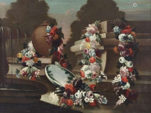 GASPARE LOPEZ Still life with a garland of flowers.