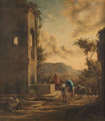 JEAN BAPTISTE WEENIX Landscape with wayfarers near a fountai...