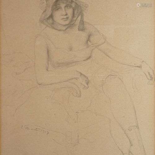 Emile FRIANT Émile (1863-1932) Femme au fauteuil, 1913 Mine ...