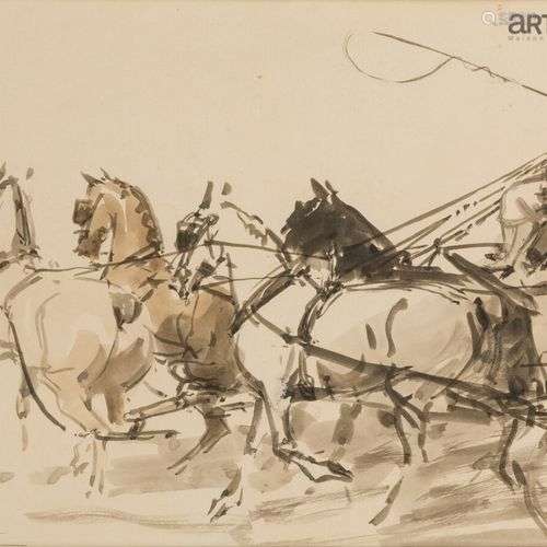 Pierre Olivier DUBAUT (1886-1968) Attelage de quatre chevaux...